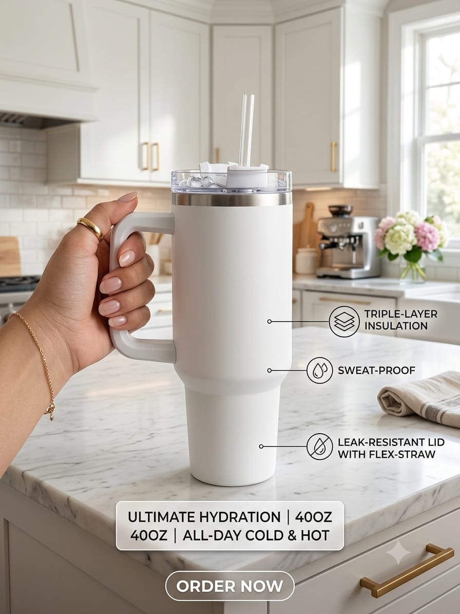 Insulated Stainless Steel Travel Tumbler with Handle & Straw – 40 oz Large Capacity Vacuum Cup