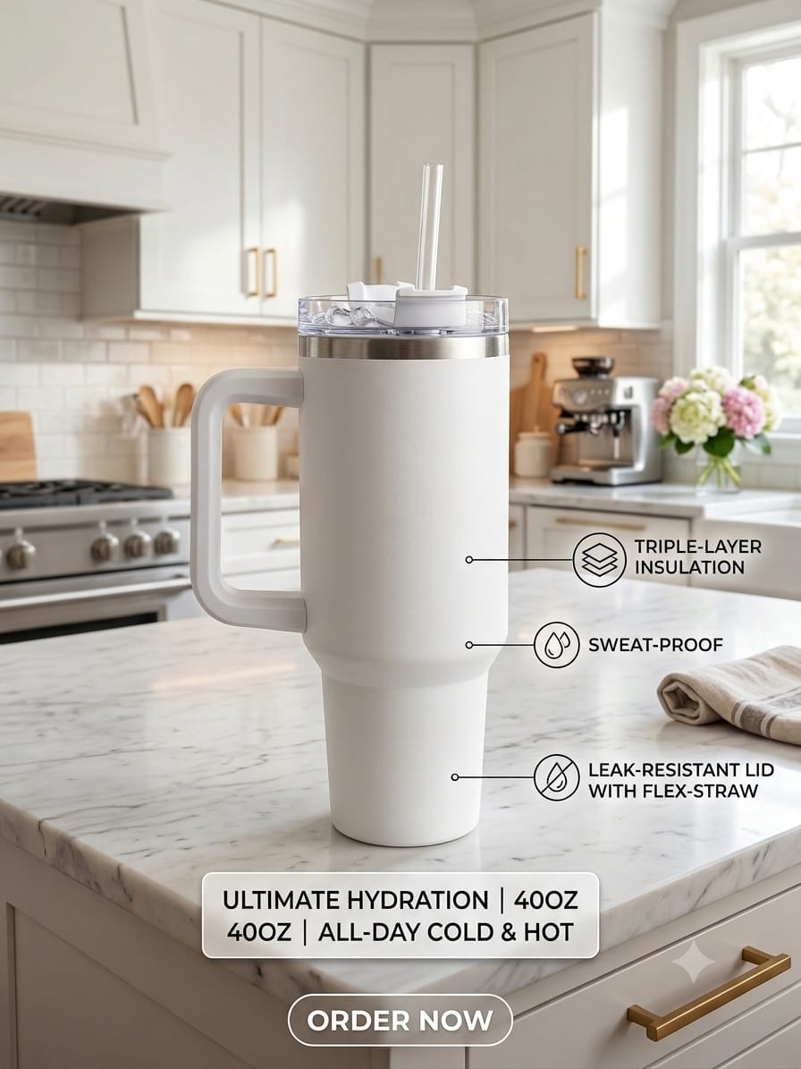 Insulated Stainless Steel Travel Tumbler with Handle & Straw – 40 oz Large Capacity Vacuum Cup