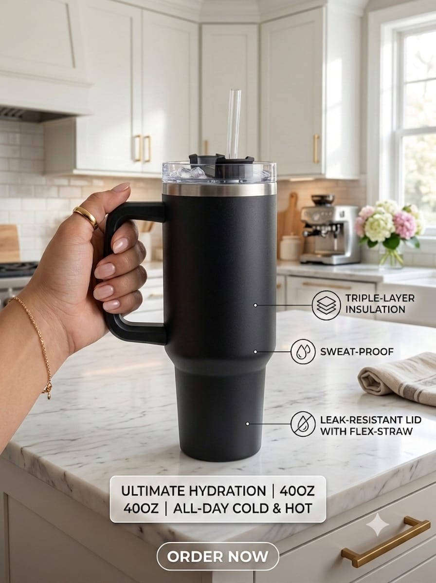 Insulated Stainless Steel Travel Tumbler with Handle & Straw – 40 oz Large Capacity Vacuum Cup