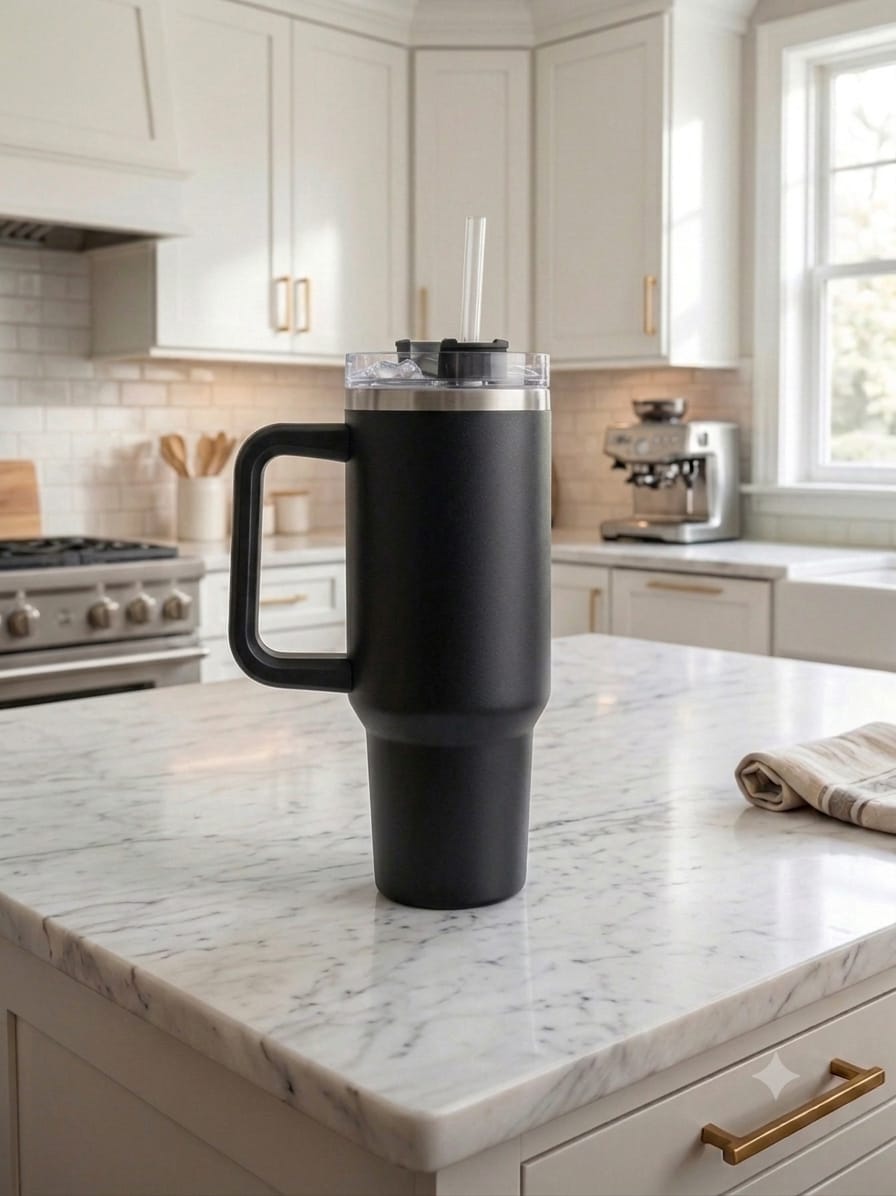 Insulated Stainless Steel Travel Tumbler with Handle & Straw – 40 oz Large Capacity Vacuum Cup