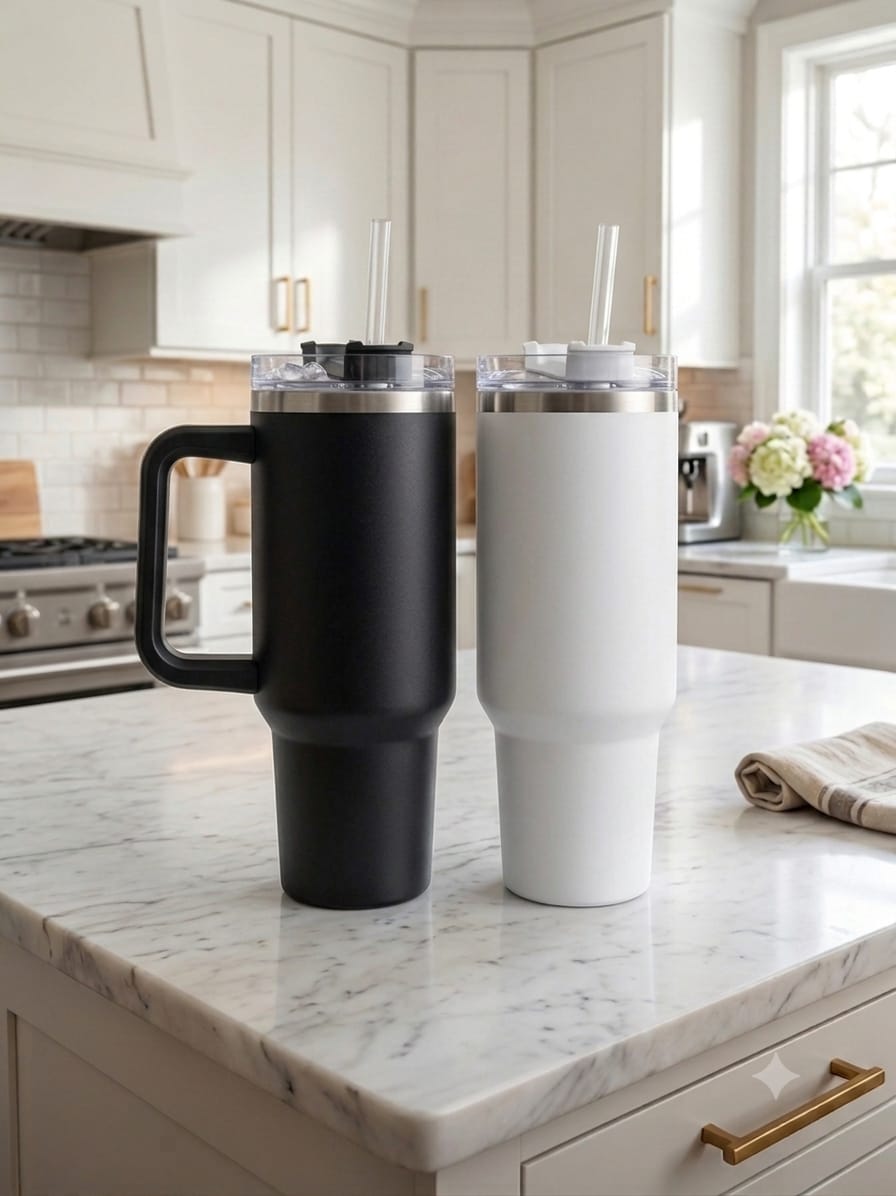 Insulated Stainless Steel Travel Tumbler with Handle & Straw – 40 oz Large Capacity Vacuum Cup