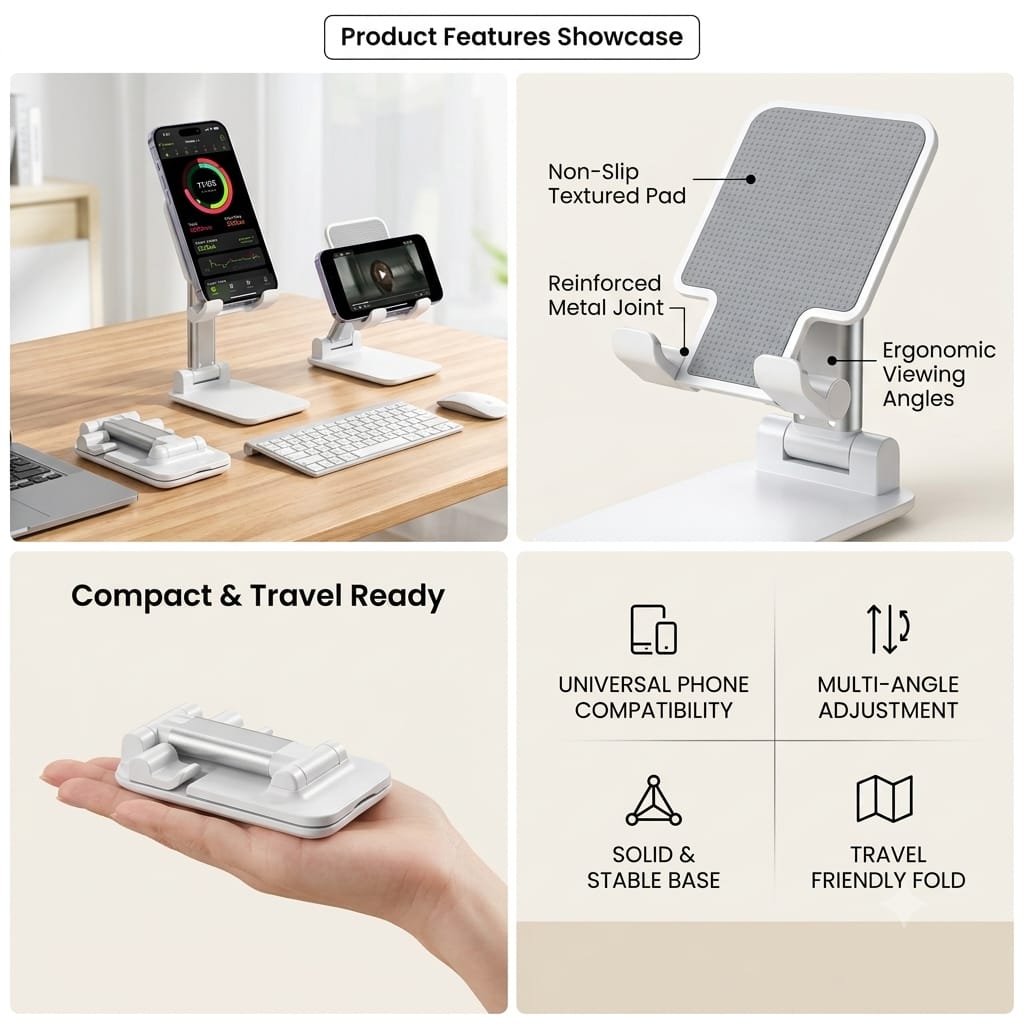 Adjustable Folding Desktop Mobile Phone Stand – Anti-Slip Holder for Phones and Tablets