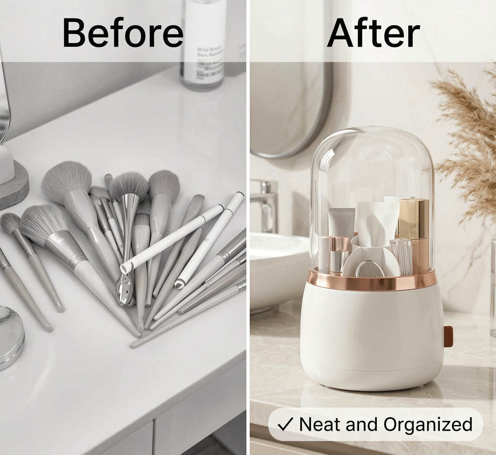 360° Rotating Dust-Proof Makeup Brush Holder & Cosmetic Organizer