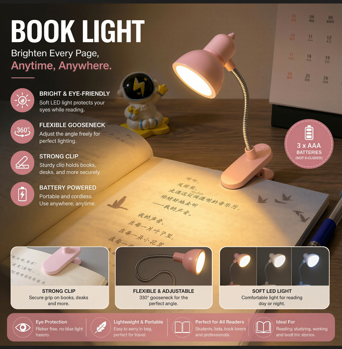 Mini Book Light LED Clamp Reading Lamp – Portable Flexible Desk & Book Light