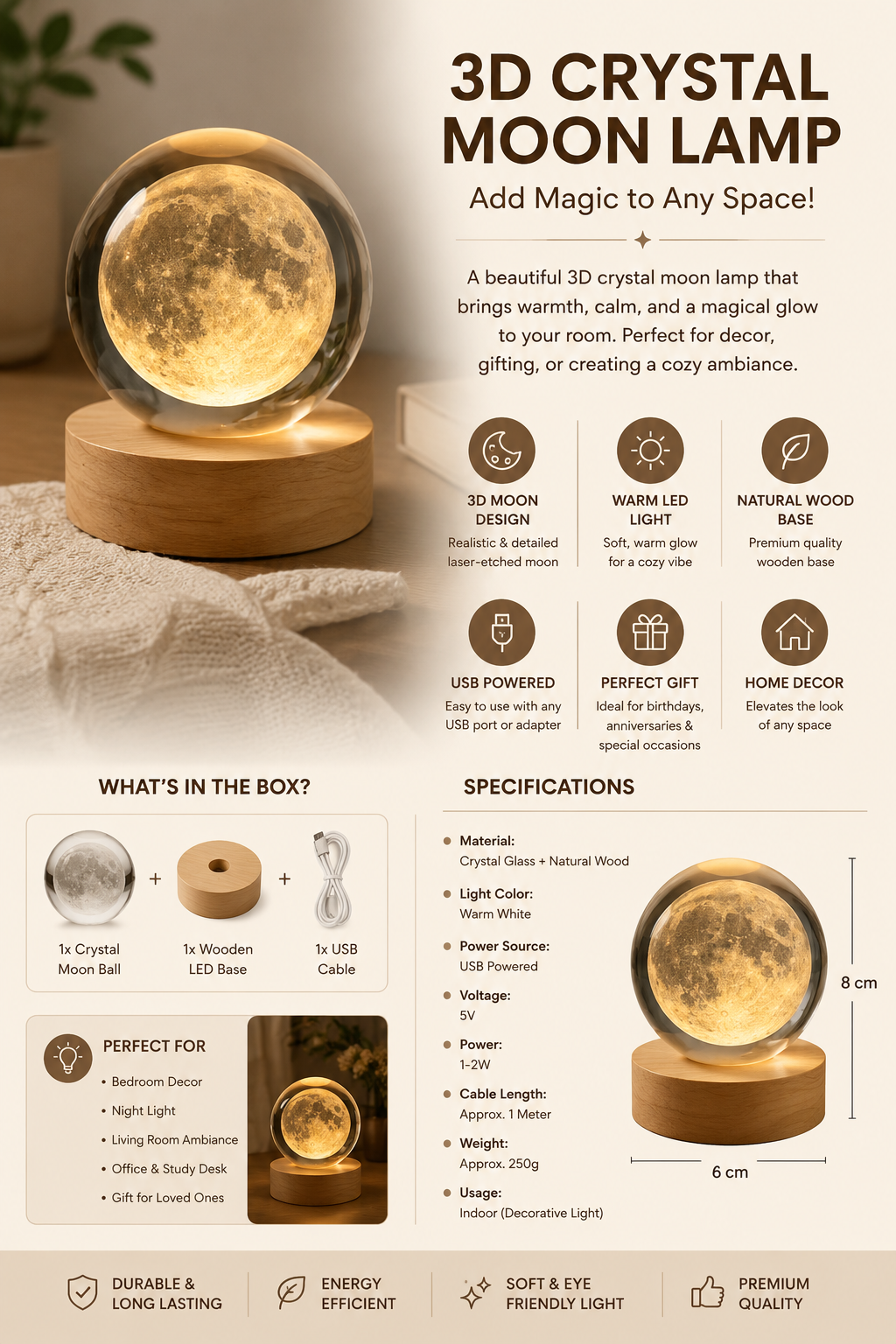 3D Crystal Ball Lamp – USB LED Night Light & Galaxy Planet Table Lamp