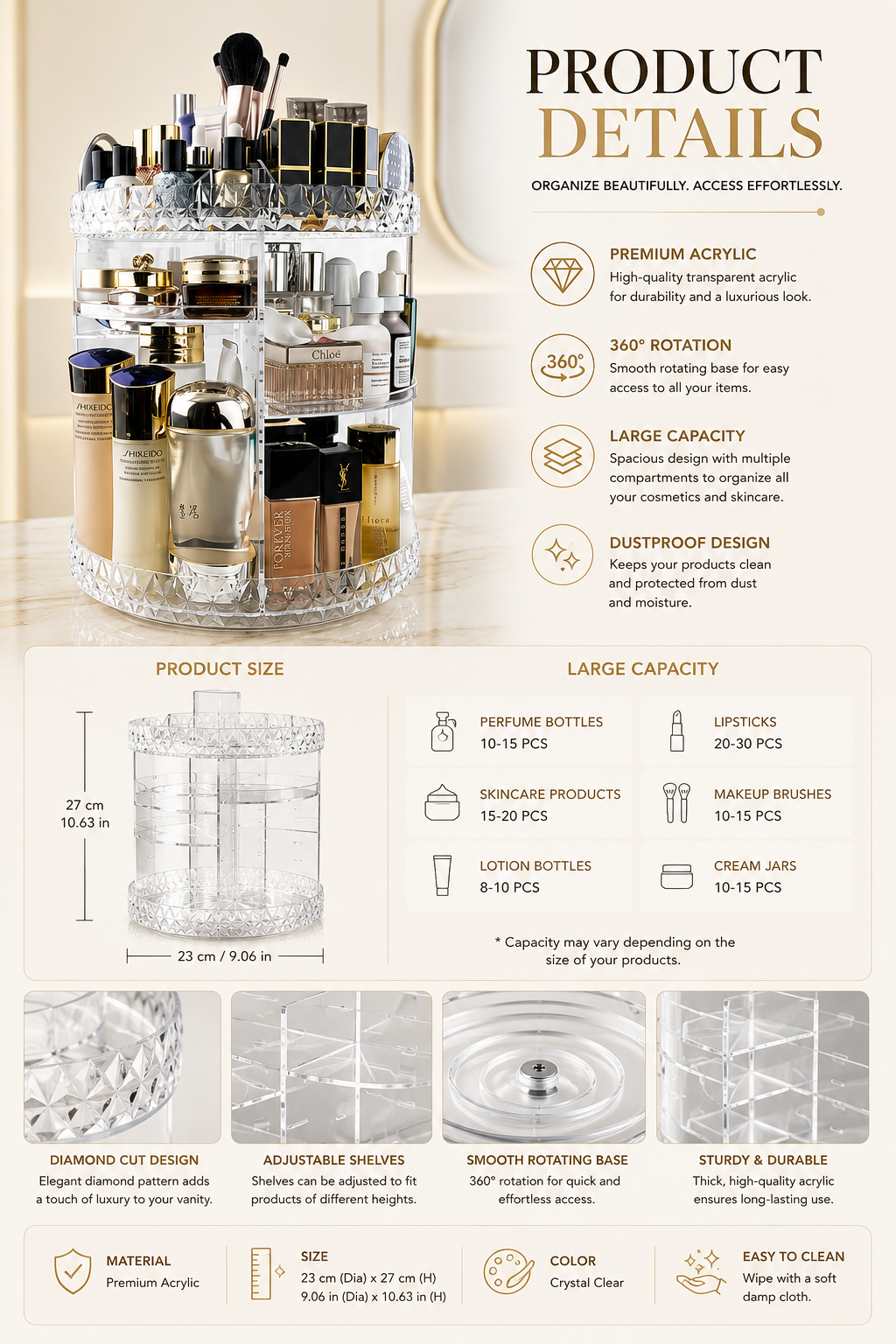 Premium 360° Rotating Makeup Organizer – Transparent Cosmetic Holder with Dustproof Lid