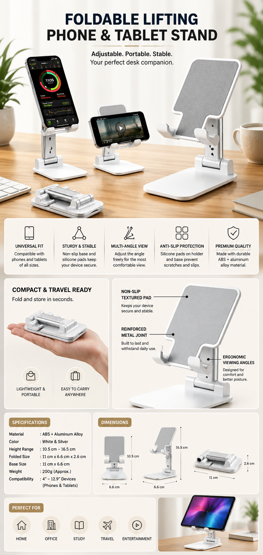 Adjustable Folding Desktop Mobile Phone Stand – Anti-Slip Holder for Phones and Tablets