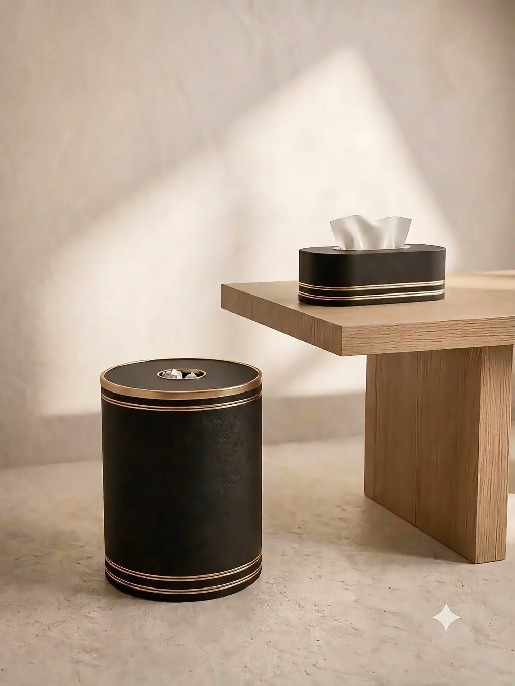 Elegant 2-Piece Tissue Box & Dustbin Combo Set – Luxury Black & Golden Home Decor