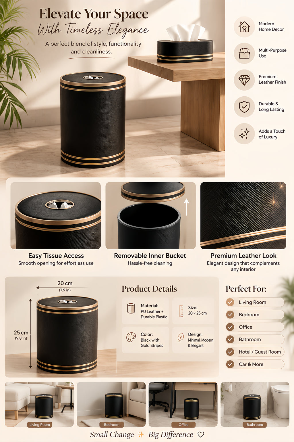 Elegant 2-Piece Tissue Box & Dustbin Combo Set – Luxury Black & Golden Home Decor