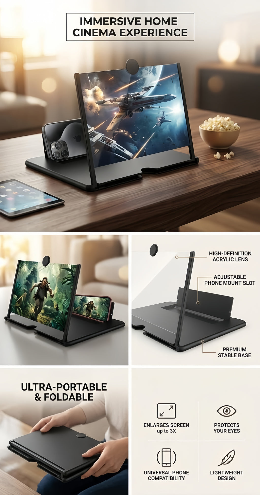 Mobile Phone Screen Magnifier – HD Video Amplifier with Phone Bracket & Eye Protection