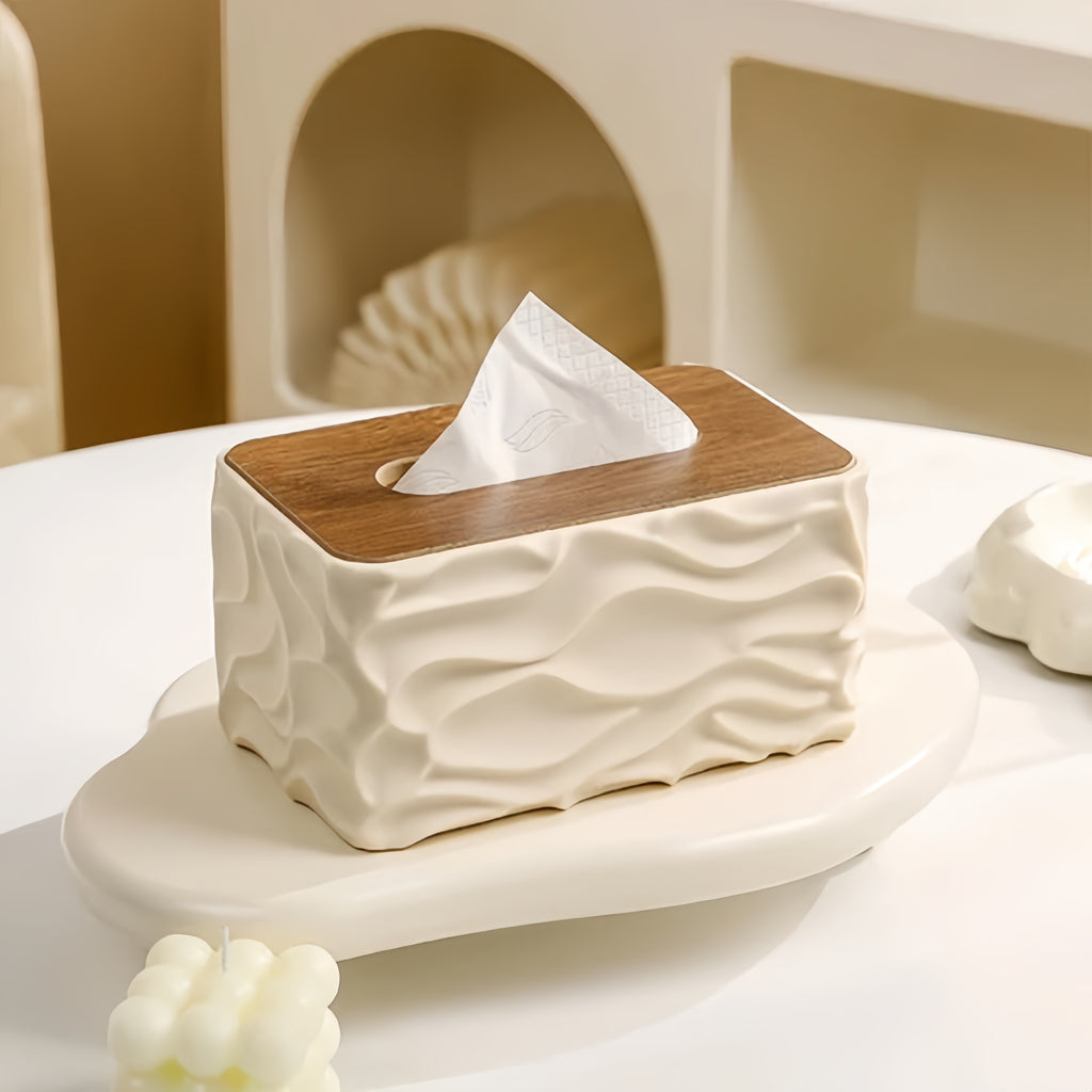 Nordic Creative Wavy Textured Tissue Box Cover – Elegant Wooden Top Facial Tissue Dispenser.