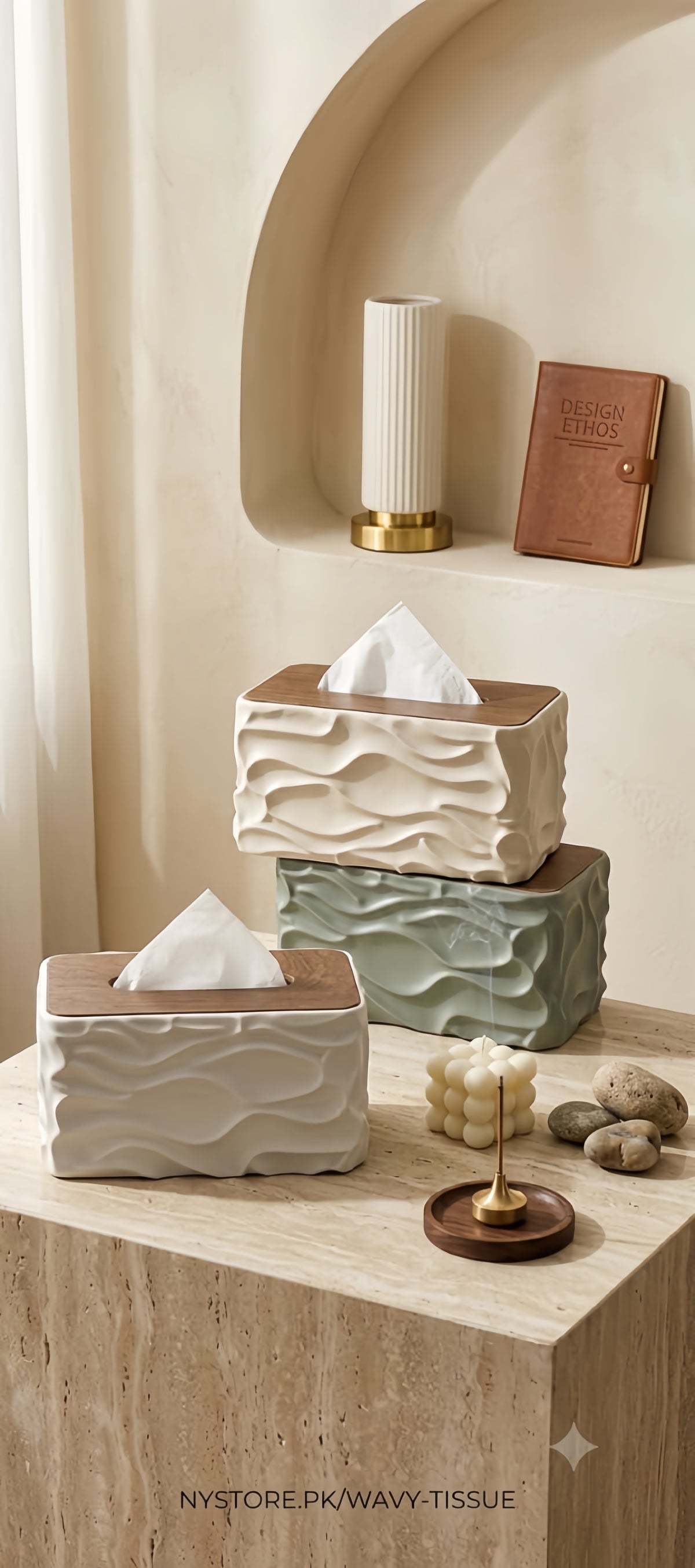 Nordic Creative Wavy Textured Tissue Box Cover – Elegant Wooden Top Facial Tissue Dispenser.